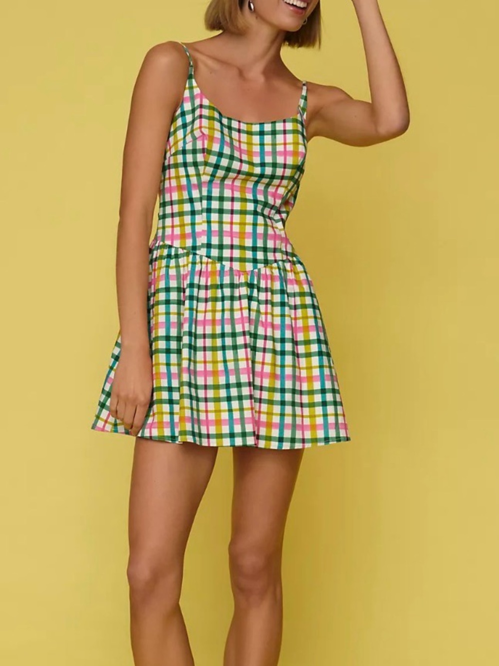Anthropologie Green, Pink & Yellow Plaid Spaghetti-Strap Mini Dress